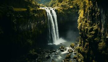 ai genererad majestätisk vattenfall strömmande genom tropisk regnskog, en hisnande äventyr genererad förbi ai foto