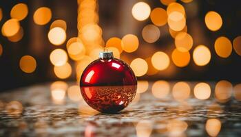 ai genererad skinande guld prydnad lyser, belysande festlig jul träd dekor genererad förbi ai foto