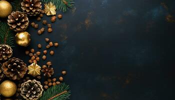 ai genererad skinande guld prydnad lyser, belysande festlig jul träd dekor genererad förbi ai foto