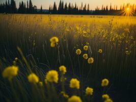 ai genererad lysande fält av vinter- mjuk fokus solnedgång äng med gul blommor naturens omfamning. en symfoni av färger värma vinter- solnedgång äng med abstrakt mjuk fokus natur harmoni. foto