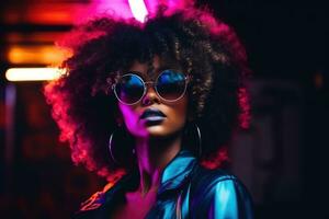 porträtt av ung afrikansk amerikan kvinna i neon ljus. ai genererad foto