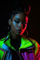 porträtt av ung afrikansk amerikan kvinna i neon ljus. ai genererad foto