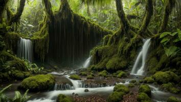 ai genererad majestätisk tät regn skog med vår vatten foto
