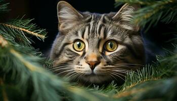 söt kattunge stirrande, fluffig päls, lekfull natur, grön gräs genererad förbi ai foto