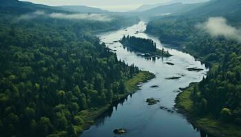 ai genererad majestätisk berg räckvidd speglar i lugn vatten, visa upp naturlig skönhet genererad förbi ai foto