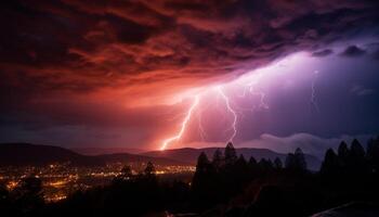 ai genererad dramatisk himmel, mörk natt, åskväder, majestätisk berg, våt gräs genererad förbi ai foto