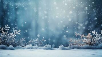 ai genererad vinter- snö och illustration med tall träd och klar himmel foto