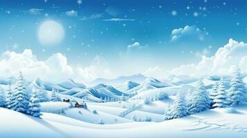 ai genererad vinter- snö och illustration med tall träd och klar himmel foto