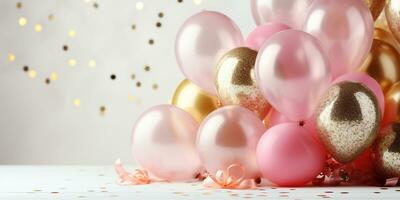 ai genererad födelsedag fest baner rosa och guld sammansättning med ballonger, konfetti, begrepp present kort, kopia Plats, vit bakgrund foto