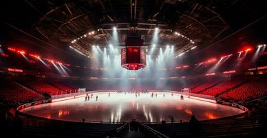 ai genererad hockey stadion, tömma sporter arena med is rink, kall bakgrund - ai genererad bild foto