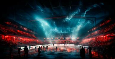 ai genererad hockey stadion, tömma sporter arena med is rink, kall bakgrund - ai genererad bild foto