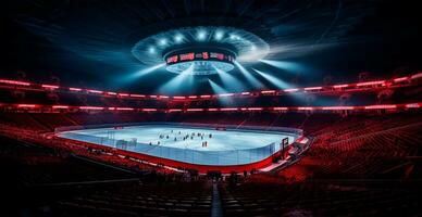 ai genererad hockey stadion, tömma sporter arena med is rink, kall bakgrund - ai genererad bild foto