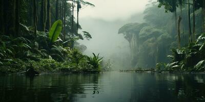 ai genererad generativ ai, Amazon djungel dimmig landskap, tropisk regnskog med handflatan träd foto