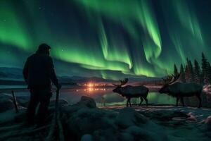 ai genererad en hund uppfödare Träning en sibirisk hes på en frostig tundra enkel foto