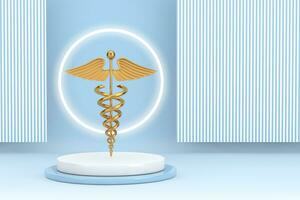 guld medicinsk caduceus symbol på topp av produkt presentation skede eller piedestal. 3d tolkning foto