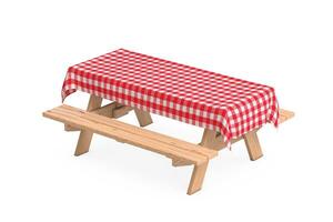trä- picknick tabell med bänkar och röd pläd bordsduk. 3d tolkning foto