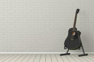svart trä- akustisk gitarr med gitarr stå. 3d tolkning foto