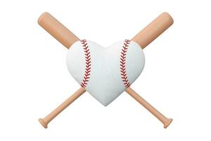 vit baseboll boll i form av hjärta och trä- fladdermus. 3d tolkning foto