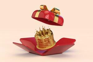 abstrakt gyllene födelsedag tecknad serie efterrätt körsbär kaka med ljus i öppnad röd gåva låda med gyllene band. 3d tolkning foto