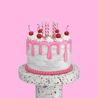produkt skede och abstrakt födelsedag tecknad serie efterrätt körsbär kaka med ljus. 3d tolkning foto