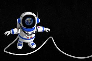söt tecknad serie maskot astronaut karaktär person flygande i öppen Plats. 3d tolkning foto