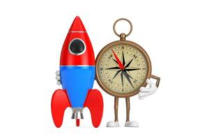 antik årgång mässing kompass tecknad serie person karaktär maskot med tecknad serie leksak raket. 3d tolkning foto
