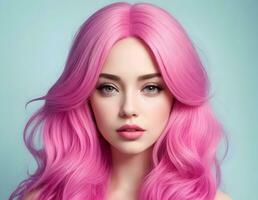 ai genererad ett emotionell kvinna bär en rosa peruk med rosa läpp smink. foto