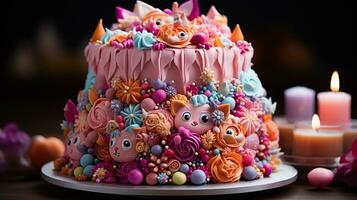 ai genererad födelsedag kaka med färgrik ljus. skapas med generativ ai foto
