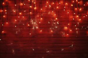 ai genererad jul bakgrund med röd tegel vägg och en krans av ljus lökar foto