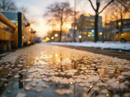 ai genererad snö på de väg i de stad på solnedgång. defocused bakgrund. foto