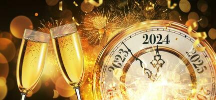 ny år 2024 med guld årgång klocka, champagne, konfetti och fyrverkeri, begrepp. ny år afton, kreativ aning foto