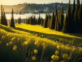 ai genererad lysande fält av vinter- mjuk fokus solnedgång äng med gul blommor naturens omfamning. en symfoni av färger värma vinter- solnedgång äng med abstrakt mjuk fokus natur harmoni. foto