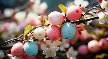 ai genererad se av annorlunda färgad påsk ägg på en träd foto