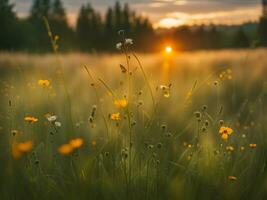 ai genererad sommar äng landskap på solnedgång. närbild av sommar äng blommor. foto