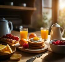 ai genererad närbild av en frukost med ägg på rostat bröd orange juice och frukter. foto