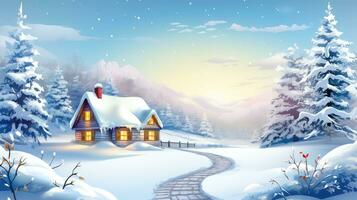 ai genererad saga vinter- landskap med trä- hus och berg sjö på natt foto