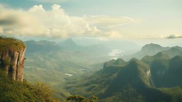 ai genererad generativ ai, brasiliansk skön estetisk landskap med berg, dämpad färger, Amazon natur foto