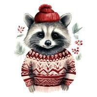 ai genererad generativ ai, söt tvättbjörn djur, sällskapsdjur i jul hatt och ful tröjor, vattenfärg stil. foto