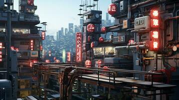 ai genererad generativ ai, trogen japansk stad i cyberpunk stil, metavers asiatisk stad, retro futurism foto