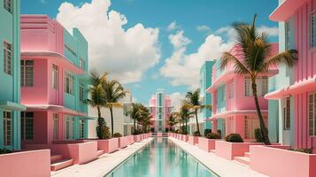 ai genererad generativ ai, overkligt miami stad med deco retro byggnader, rosa och blå färger, sommar vibrafon foto