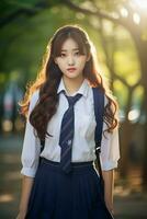 ai genererad porträtt av en skön ung koreanska hög skola studerande flicka med vågig hår i en skola enhetlig utomhus foto