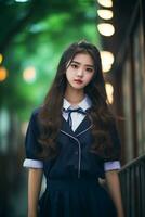 ai genererad en ung kinesisk hög skola studerande flicka med vågig hår i en skola enhetlig Framställ för en Foto