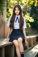 ai genererad en ung koreanska kvinna i skola enhetlig Sammanträde på en bänk foto