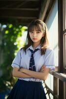 ai genererad en skön asiatisk ung kvinna i skola enhetlig utomhus foto