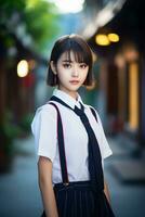 ai genererad en ung kinesisk hög skola studerande flicka med kort hår i en skola enhetlig foto