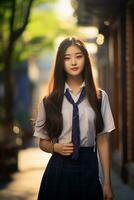 ai genererad en skön ung koreanska hög skola studerande flicka i en skola enhetlig utomhus foto
