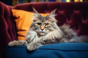 ai genererad en maine Coon katt är Sammanträde på en soffa foto