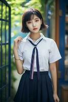 ai genererad en skön ung koreanska hög skola studerande flicka med kort hår i en skola enhetlig utomhus foto