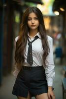 ai genererad skön indisk flicka bär skola enhetlig foto