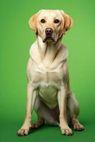 ai genererad porträtt av labrador retriever hund Sammanträde på en grön bakgrund, studio Foto. foto